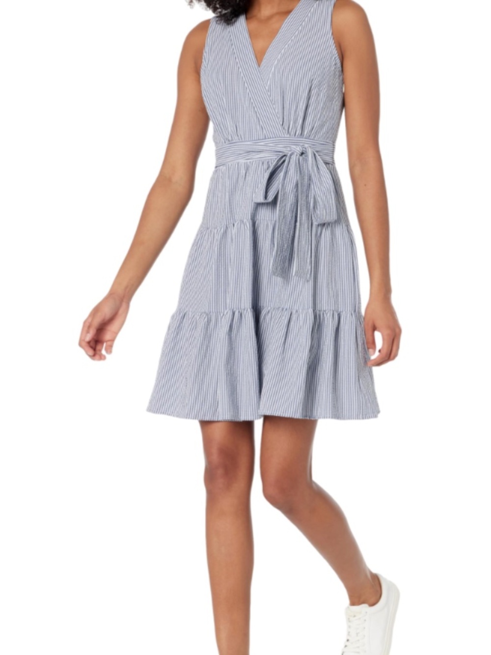 Summer Dress with Ruffle in Blue and White Stripe - size 8 Women